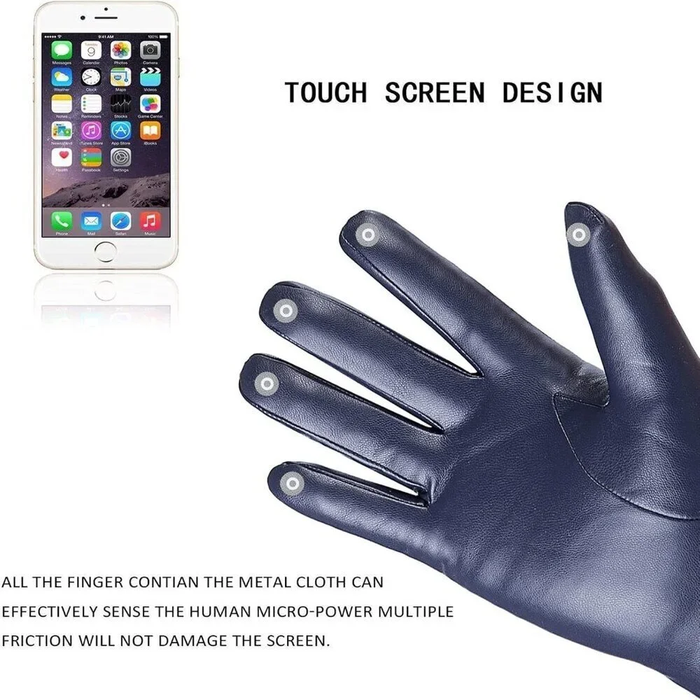 Women's Navy Winter Leather Gloves Wool Fleece Lined Thermal Touchscreen